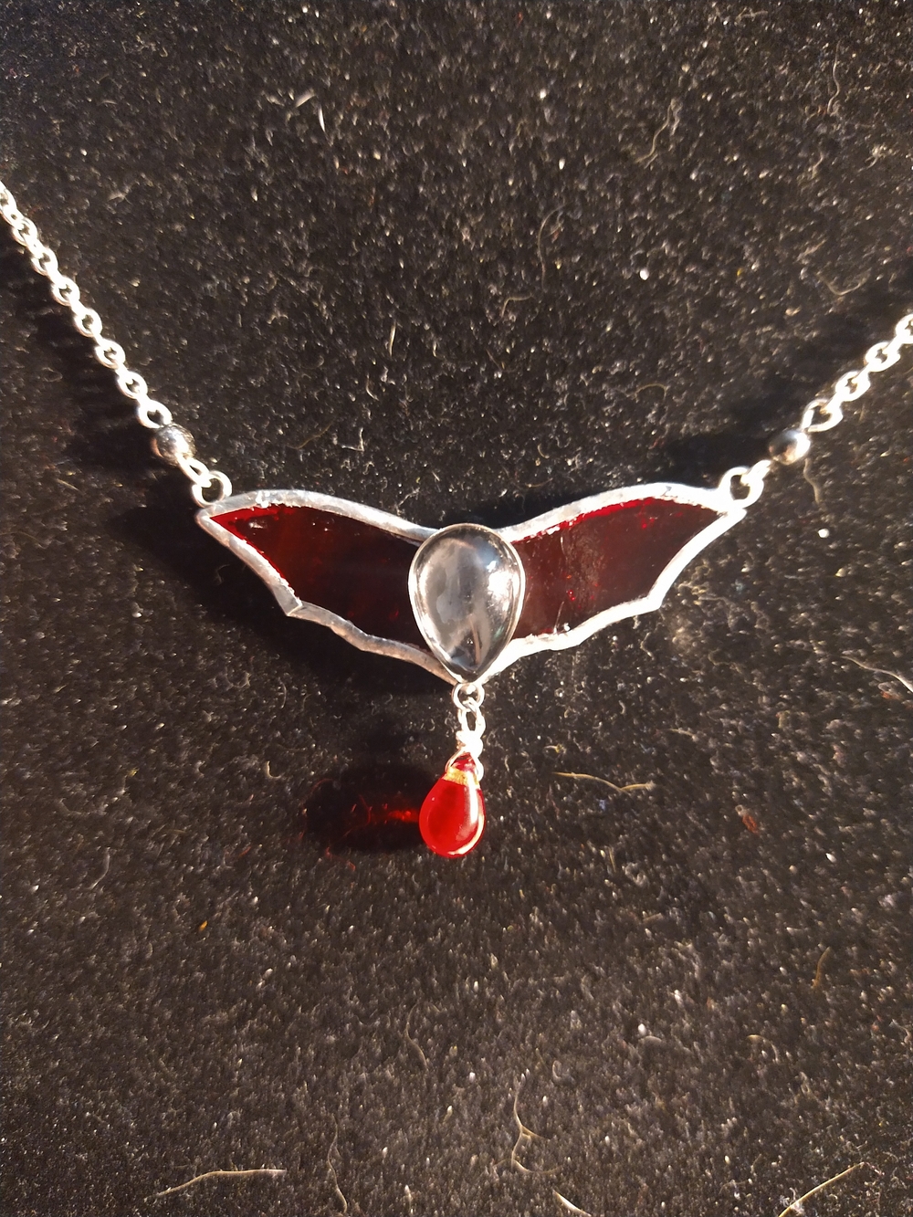Red Stained Glass Bat  Necklace with Grey and Red Accents